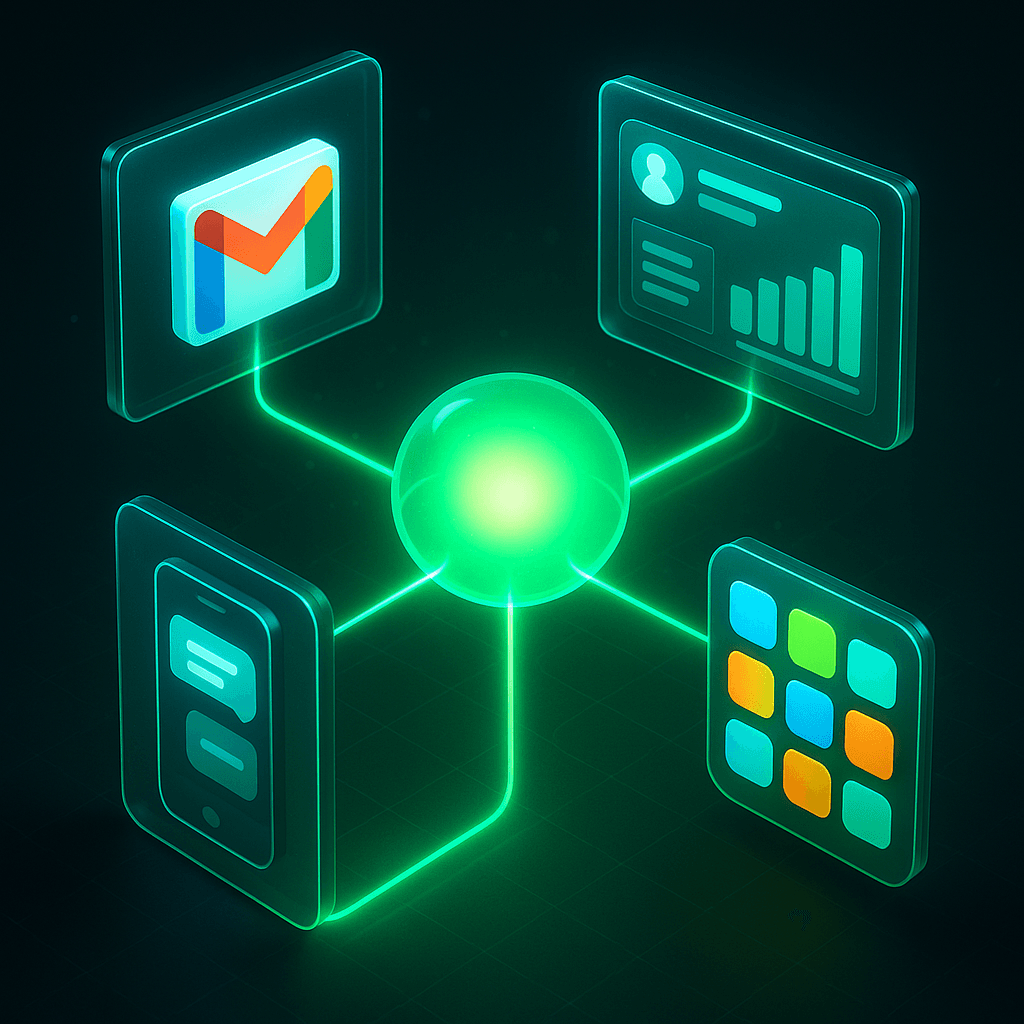 Central hub linked to email, CRM, phone chat, and app icons
