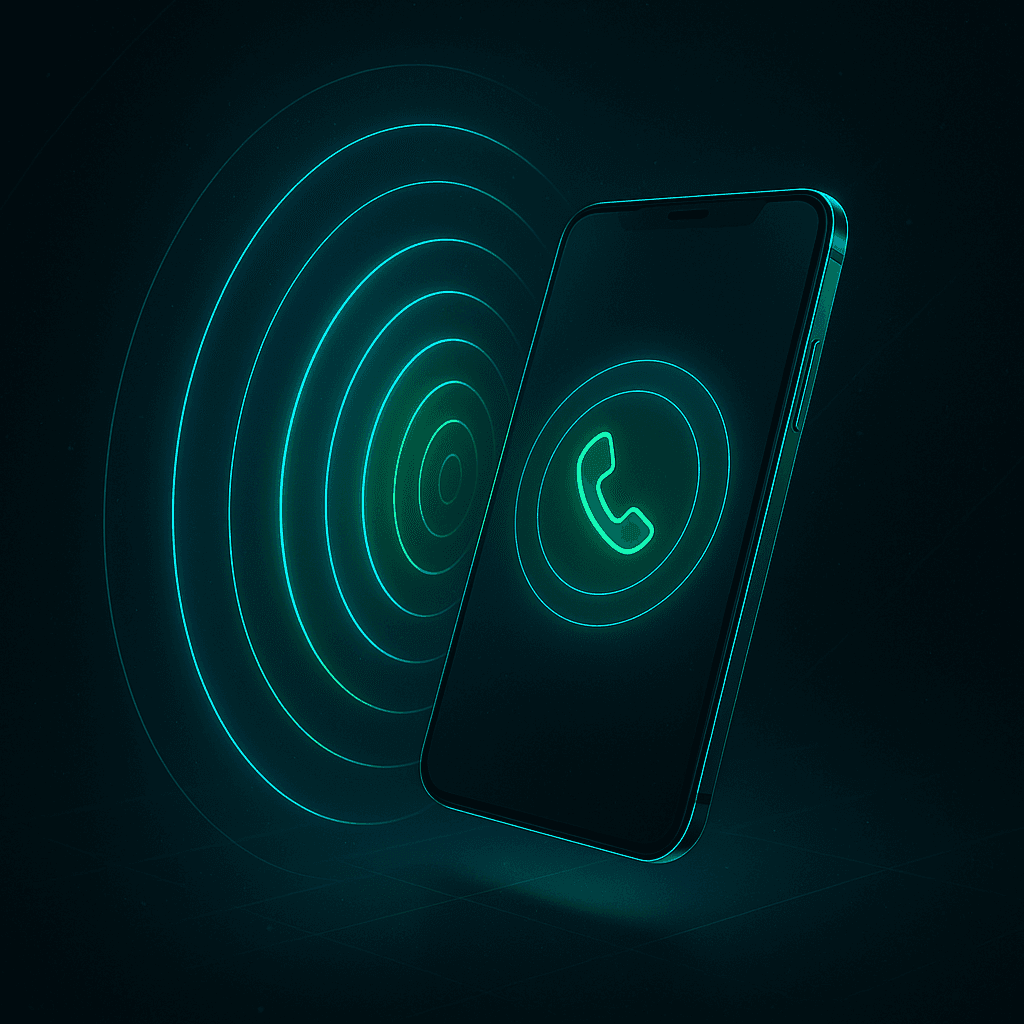 Glowing smartphone radiating voice waveform rings